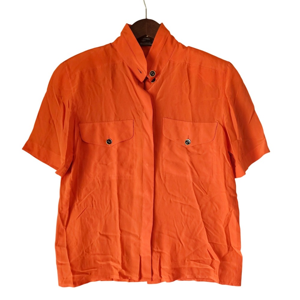 Louis‎ Feraud SET Orange Blouse Top US 6 Short Sleeve Button Up Collared Shirt
